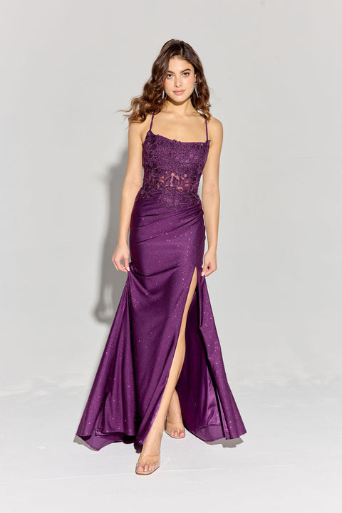 Eureka EK129 applique fitted sleeveless slit gown — 0002930