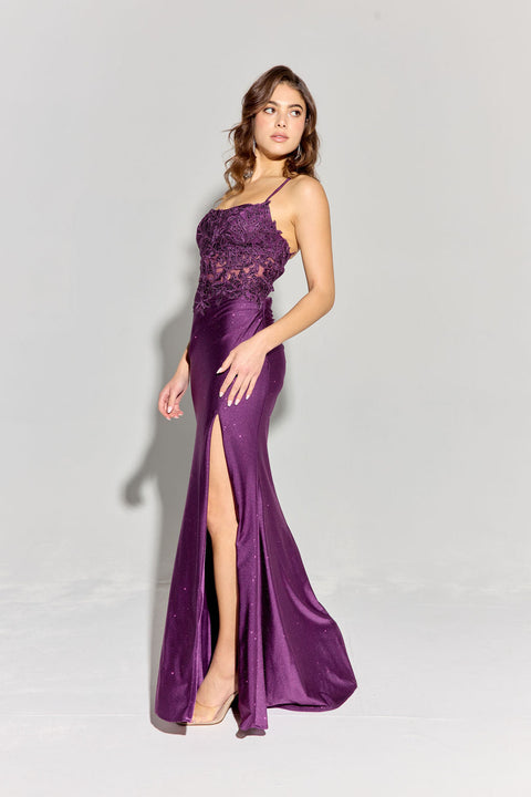 Eureka EK129 applique fitted sleeveless slit gown — 0002931