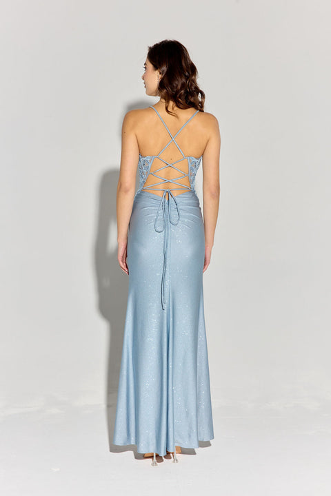 Eureka EK129 applique fitted sleeveless slit gown — 0002933