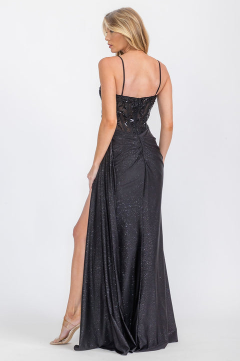 Eureka EK166 glitter jersey sleeveless slit gown — 0002941