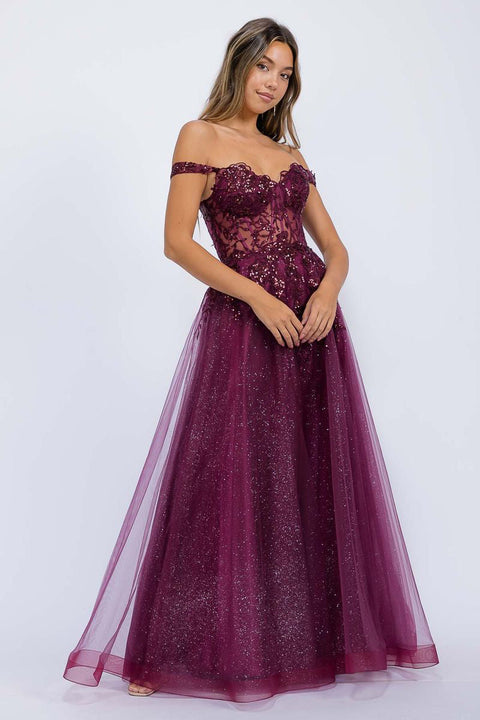 Eureka EK128 off shoulder a-line slit gown — 0003358