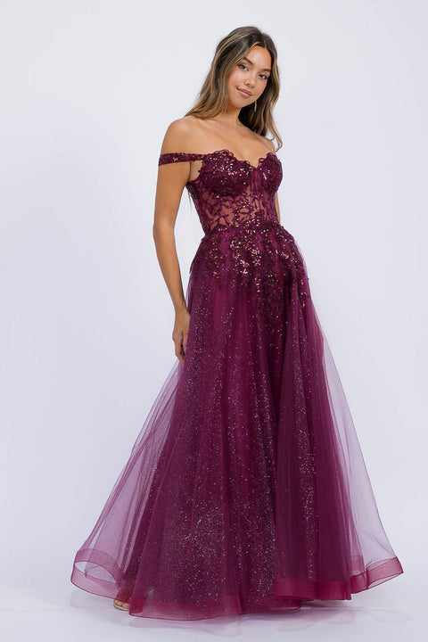 Eureka EK128 off shoulder a-line slit gown — 0003359