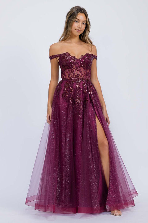 Eureka EK128 off shoulder a-line slit gown — 0003360