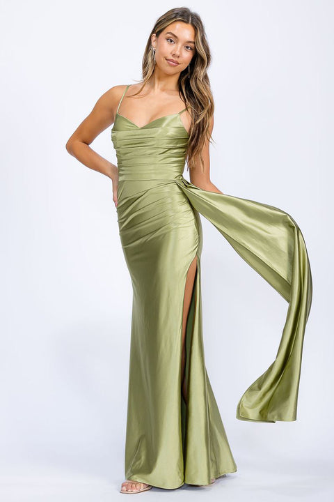 Eureka EK199 satin fitted sleeveless slit gown — 0003392