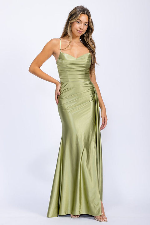 Eureka EK199 satin fitted sleeveless slit gown — 0003393