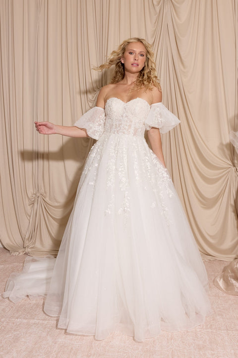 Eureka EK155 Puff-Sleeve A-Line Bridal Gown – front view
