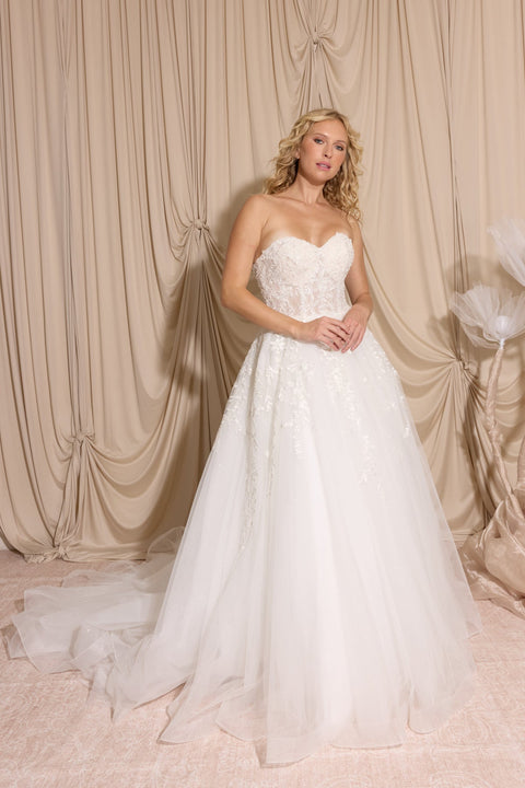 Eureka EK155 strapless puff sleeve bridal a-line gown — 0003446