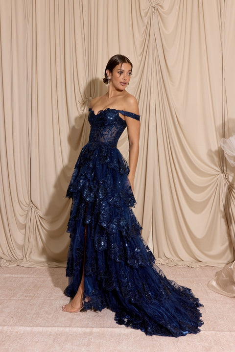 Eureka EK102 off shoulder a-line tiered gown — 0003460
