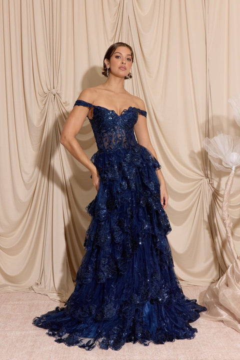 Eureka EK102 off shoulder a-line tiered gown — 0003477