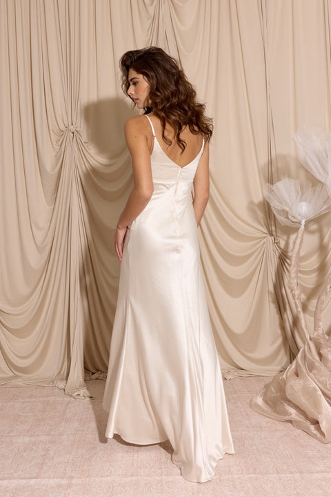 Eureka 9711 satin fitted long cowl neck dress — 0003509
