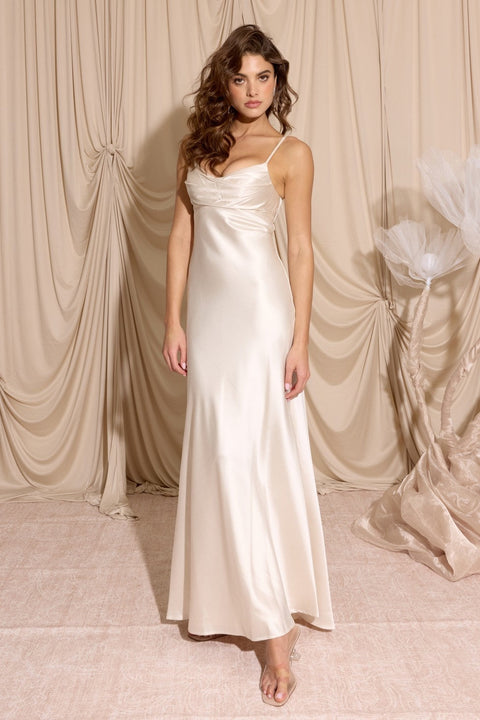 Eureka 9711 satin fitted long cowl neck dress — 0003510