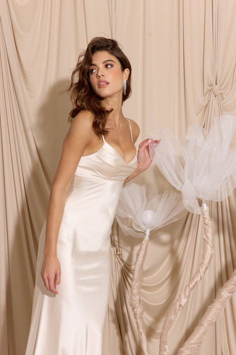 Eureka 9711 satin fitted long cowl neck dress — 0003511