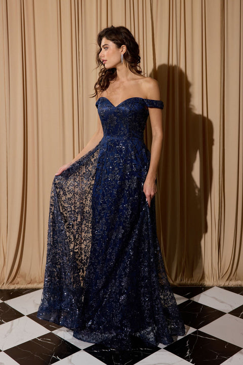 Eureka 9766 glitter print off shoulder gown — 0003564