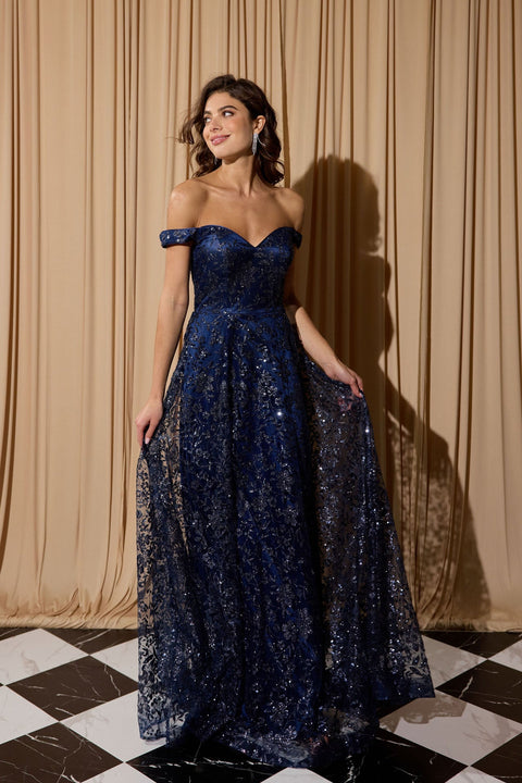 Eureka 9766 glitter print off shoulder gown — 0003565