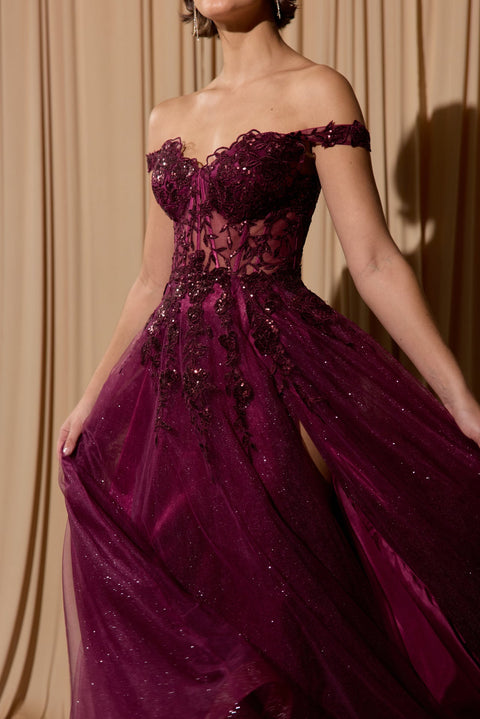 Eureka EK128 off shoulder a-line slit gown — 0003603