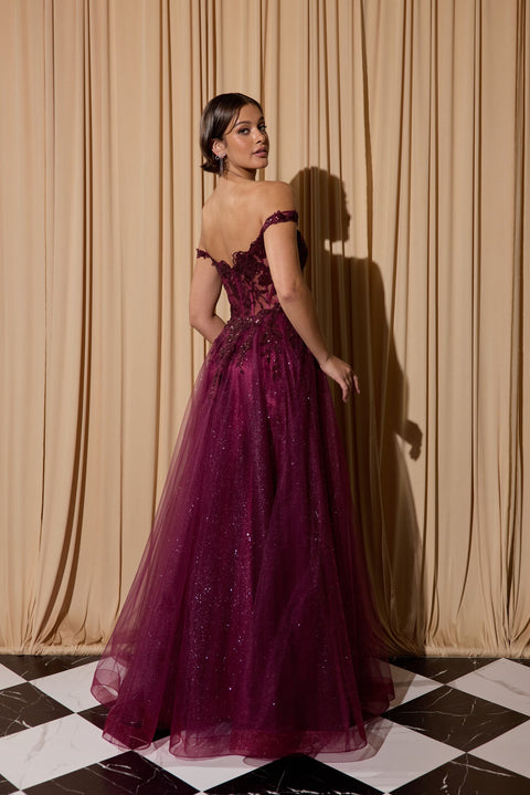 Eureka EK128 off shoulder a-line slit gown — 0003604