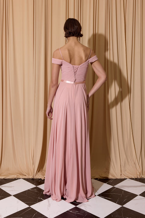 Eureka 7611 chiffon cold shoulder a-line gown — 0003662