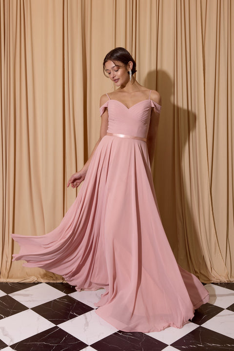 Eureka 7611 chiffon cold shoulder a-line gown — 0003664