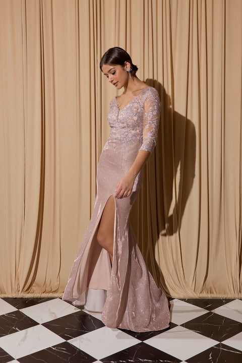 Eureka 9970 glitter jersey fitted mid-sleeve gown — 0003707