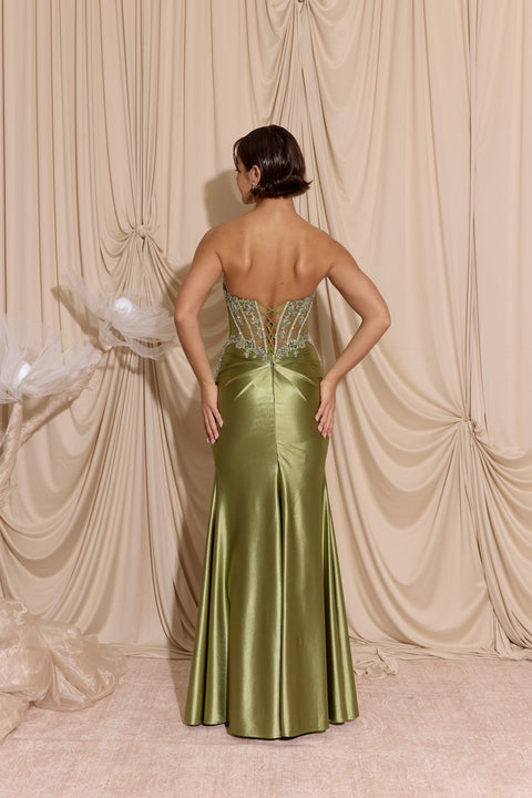 Eureka EK202 applique satin strapless slit gown — 0003715