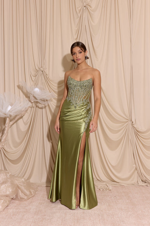 Eureka EK202 applique satin strapless slit gown — 0003718