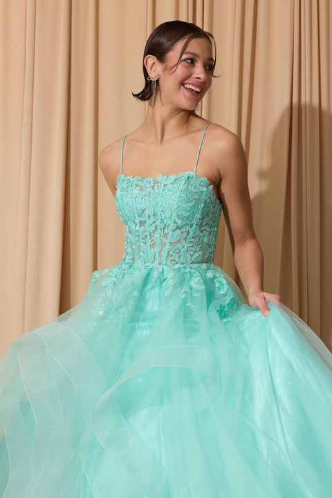 Eureka EK167 applique sleeveless ruffled gown — 0003743