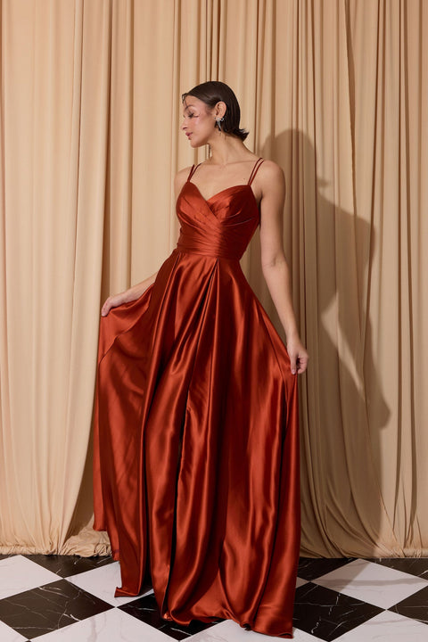 Eureka 9925 satin strappy back a-line slit gown — 0003753