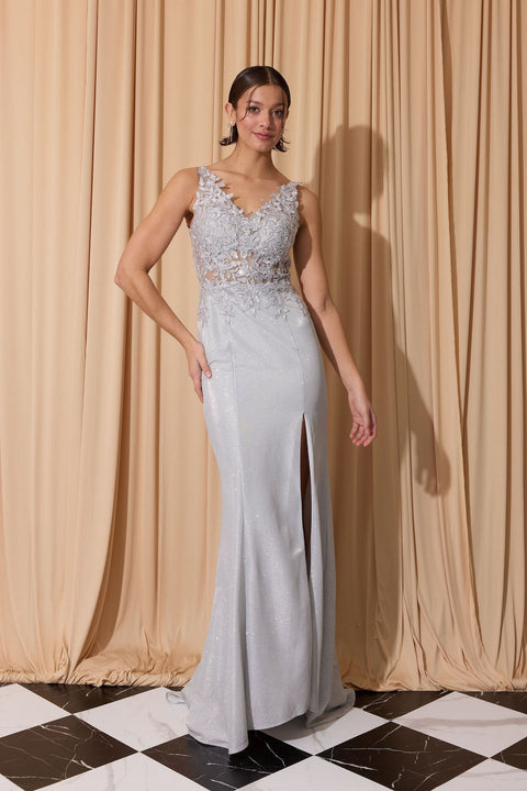 Eureka 9810 applique metallic v-neck slit gown — 0003756