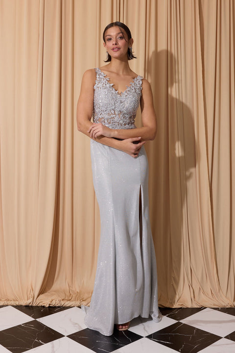 Eureka 9810 applique metallic v-neck slit gown — 0003757