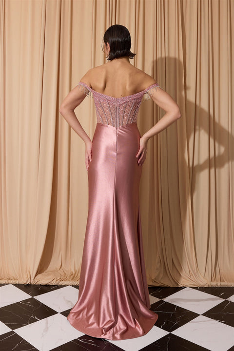 Eureka EK179 beaded satin off shoulder slit gown — 0003775