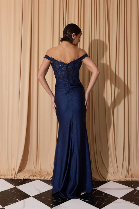 Eureka EK173 applique off shoulder slit gown — 0003780