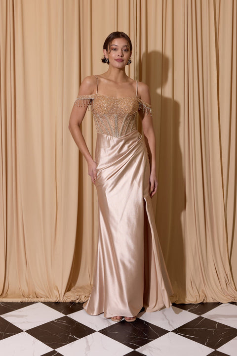 Eureka EK179 beaded satin off shoulder slit gown — 0003783