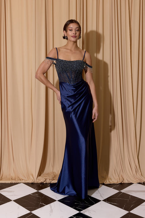 Eureka EK179 beaded satin off shoulder slit gown — 0003784
