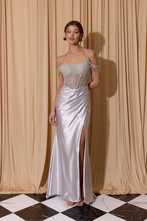 Eureka EK179 beaded satin off shoulder slit gown — 0003788