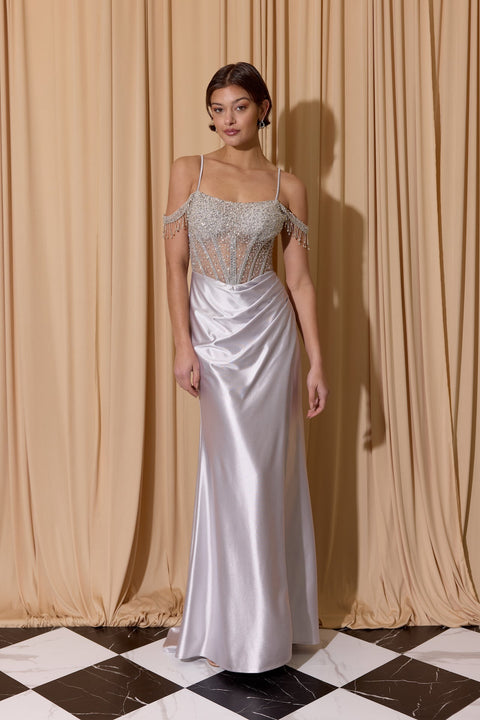 Eureka EK179 beaded satin off shoulder slit gown — 0003789