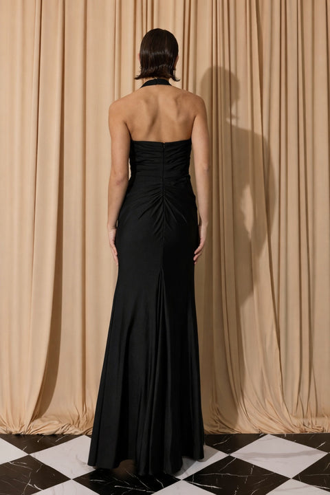 Eureka EK191 satin jersey fitted halter slit gown — 0003796