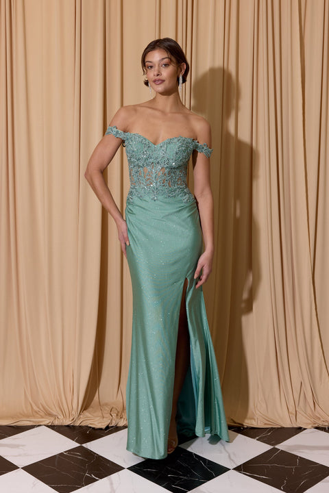 Eureka EK173 applique off shoulder slit gown — 0003814