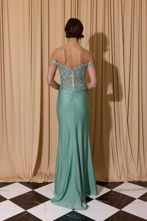 Eureka EK173 applique off shoulder slit gown — 0003816