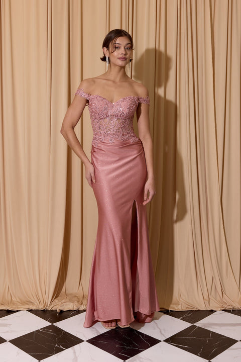 Eureka EK173 applique off shoulder slit gown — 0003817