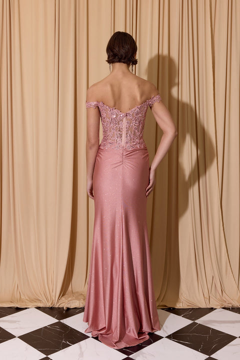 Eureka EK173 applique off shoulder slit gown — 0003819