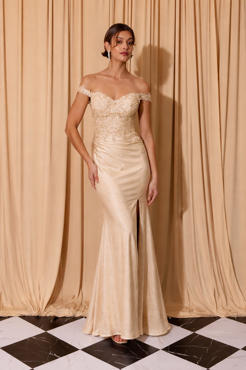 Eureka EK173 applique off shoulder slit gown — 0003924