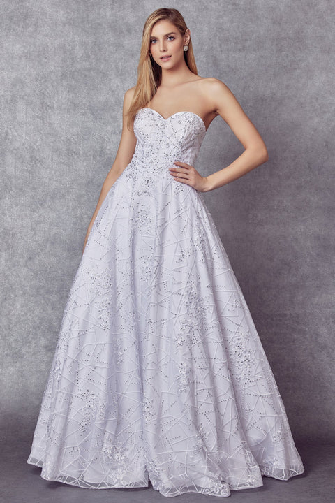 Juliet JT692W Long Ballgown Strapless Lace Wedding Dress – White