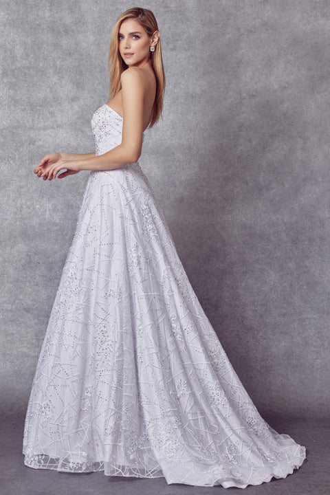Juliet JT692W Long Ballgown Strapless Lace Wedding Dress – White