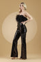 Amelia Couture 3019 Strapless Sequin Jumpsuit with Feathers