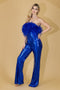 Amelia Couture 3019 Strapless Sequin Jumpsuit with Feathers