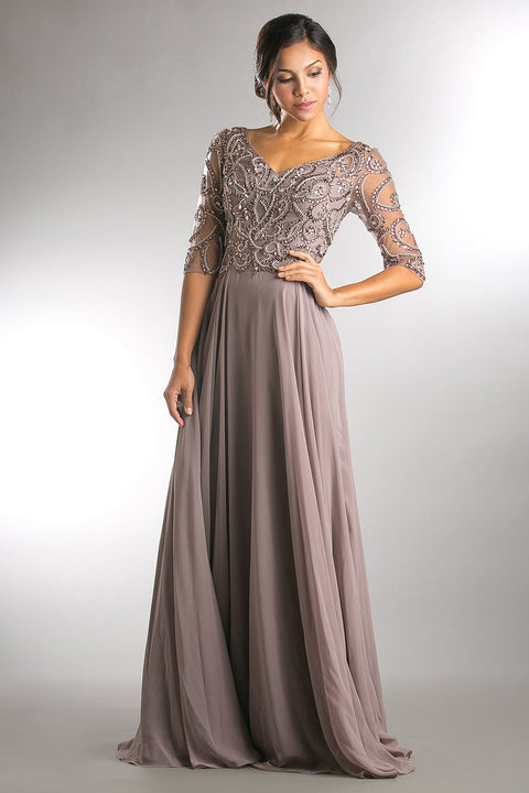 Amelia Couture 7046 Beaded Chiffon Gown with 3/4 Sleeves and V-Neck
