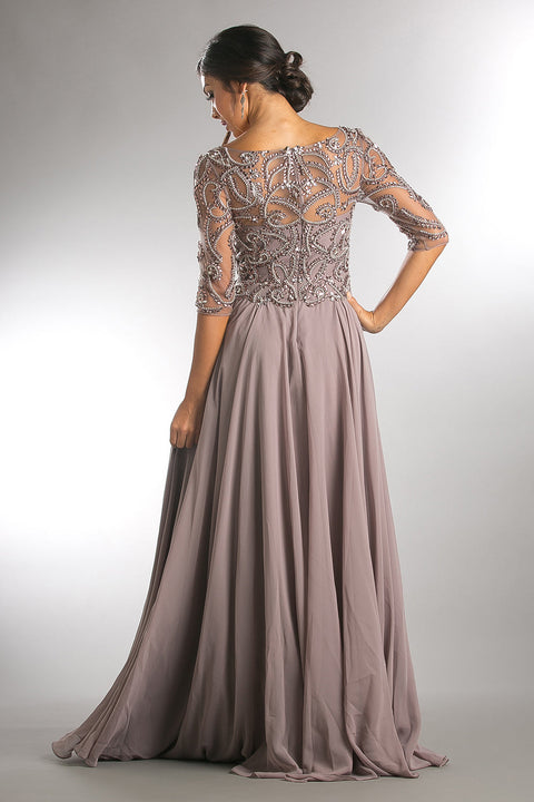 Amelia Couture 7046 Beaded Chiffon Gown with 3/4 Sleeves and V-Neck