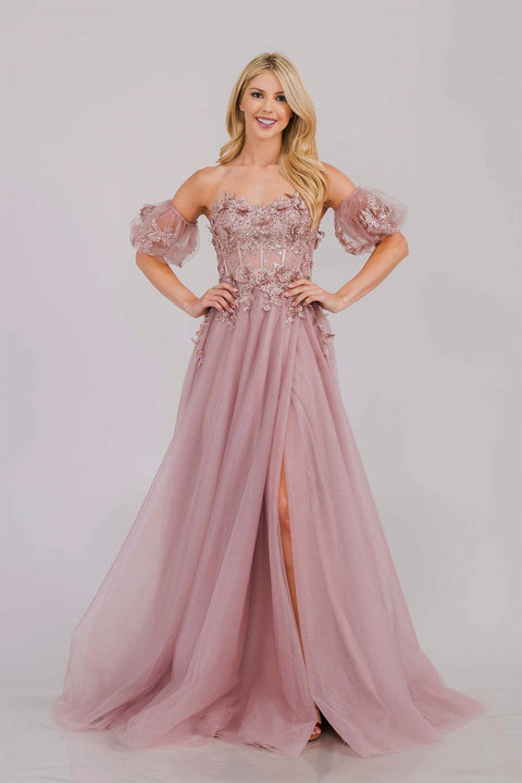 Amelia Couture 3041 Whimsical Appliqué Strapless A-Line Gown with Lace-Up Back
