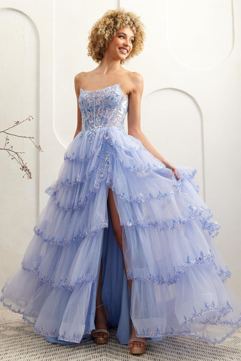 Amelia Couture 4033 Fairytale Strapless Layered A-Line Gown with Slit