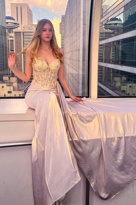Amelia Couture 2055 Applique Satin Strapless Slit Gown